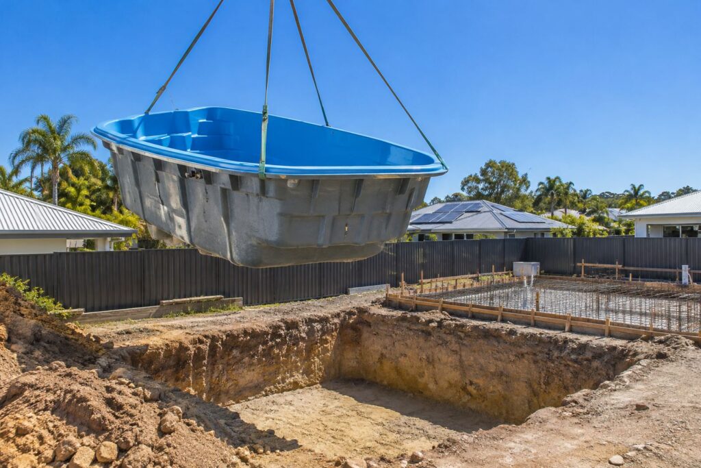 Blue fibreglass pool shell lifted by crane into an excavated hole on a Queensland building site