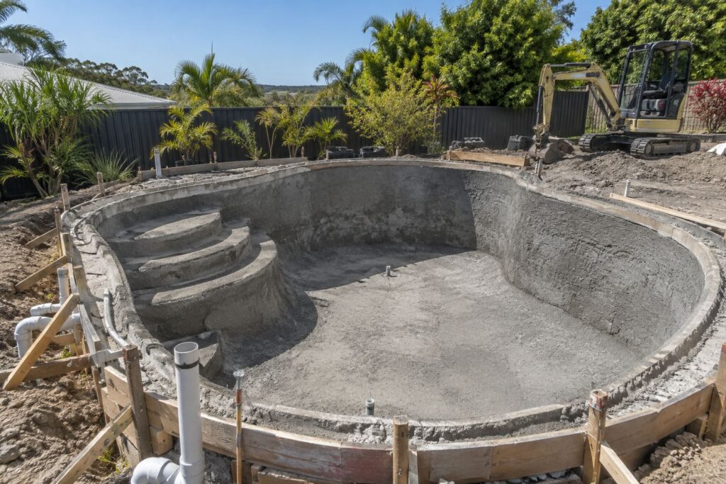 Backyard pool under construction with freshly sprayed shotcrete shell, formwork and excavator