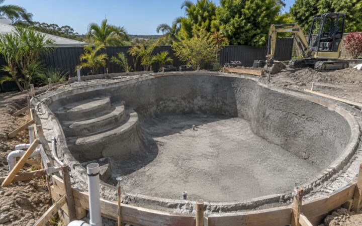 Backyard pool under construction with freshly sprayed shotcrete shell, formwork and excavator