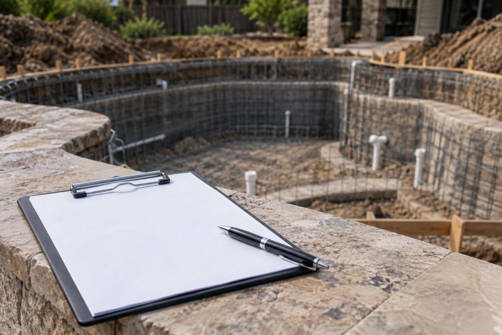 Clipboard with a blank building contract and pen on the coping of a pool under construction