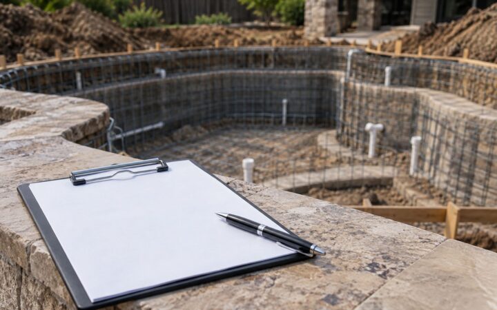 Clipboard with a blank building contract and pen on the coping of a pool under construction
