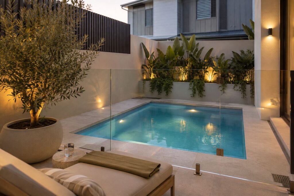 Compact plunge pool in a modern South East Queensland townhouse courtyard with glass fence and olive tree