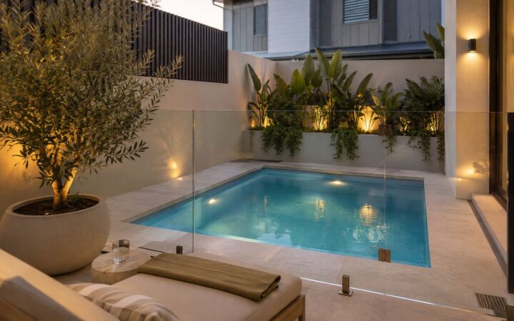 Compact plunge pool in a modern South East Queensland townhouse courtyard with glass fence and olive tree