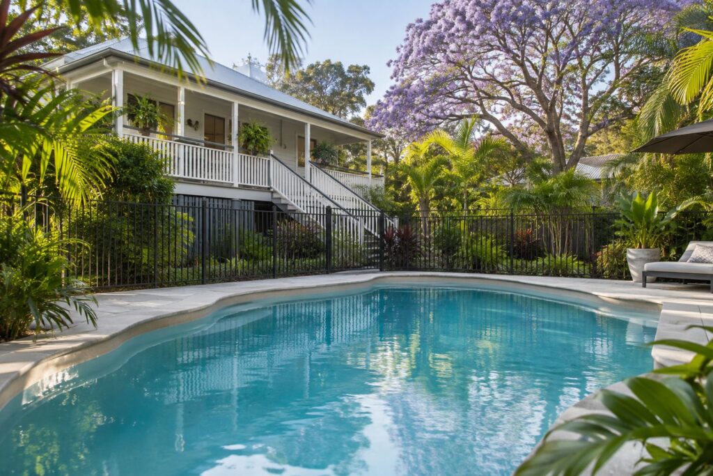Fibreglass family pool in a Brisbane Queenslander backyard with black aluminium pool fence and tropical garden