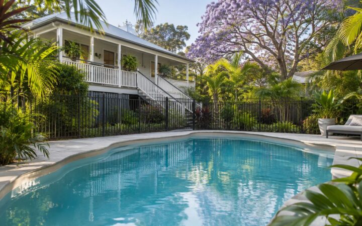 Fibreglass family pool in a Brisbane Queenslander backyard with black aluminium pool fence and tropical garden