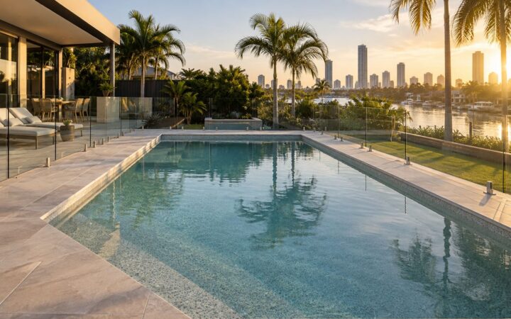 Finished concrete swimming pool with glass fence and travertine paving in a Gold Coast backyard