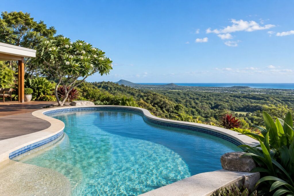 Freeform concrete pool with blue waterline tiles overlooking Sunshine Coast hinterland and ocean views