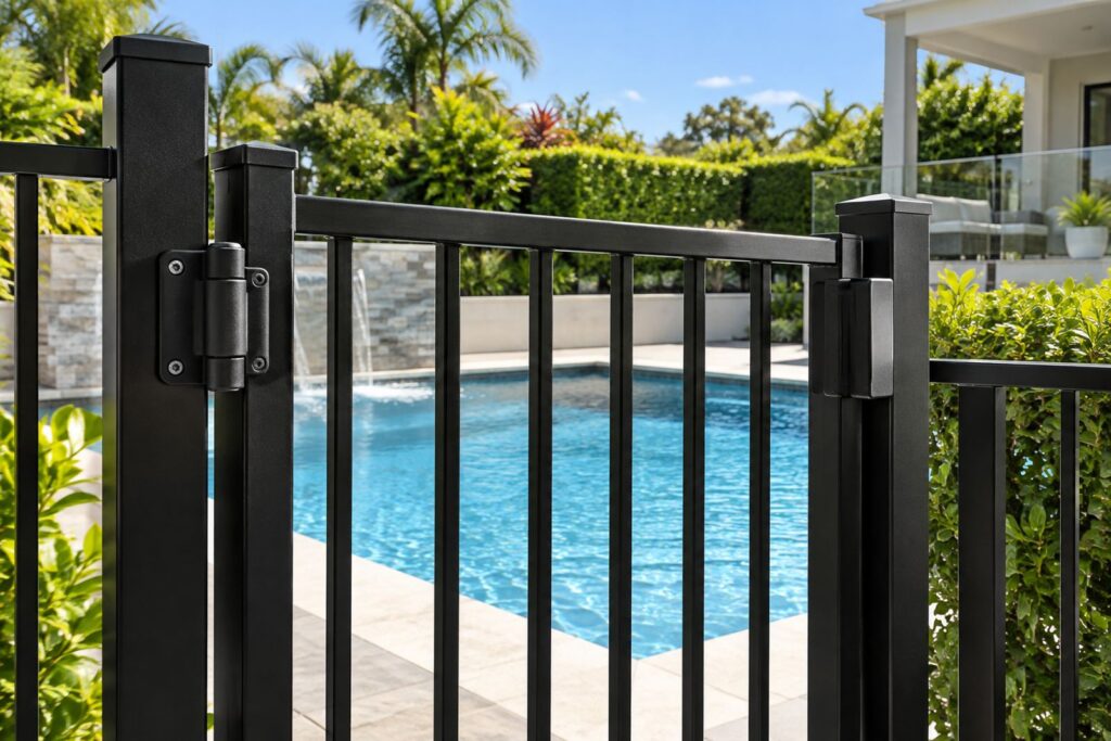 Black aluminium self-closing pool gate with high latch in front of a blue backyard pool