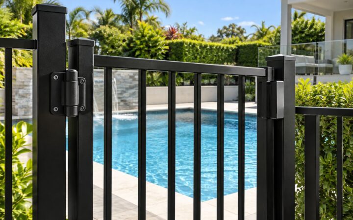 Black aluminium self-closing pool gate with high latch in front of a blue backyard pool